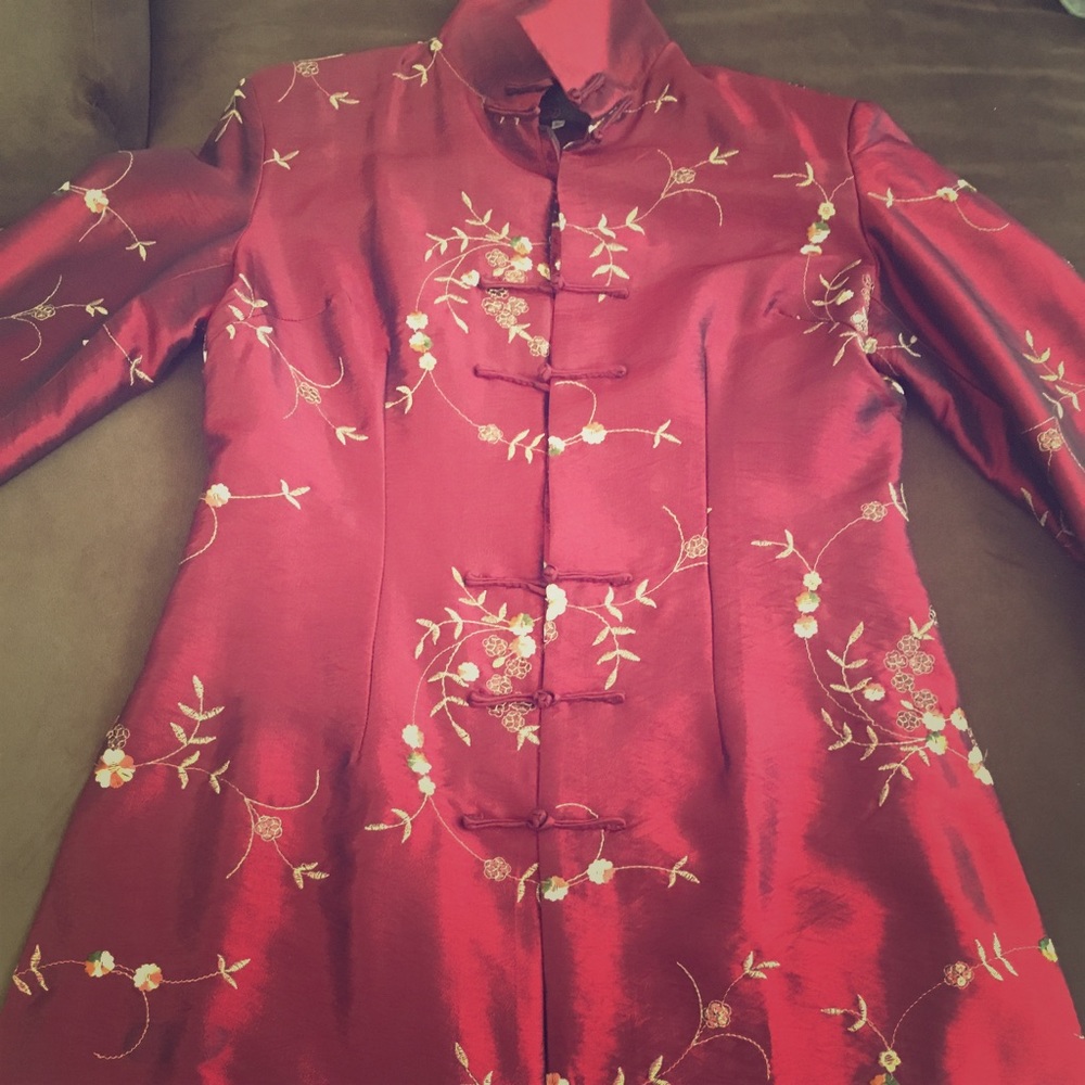Burgundy Red Embroidered Silk Jacket